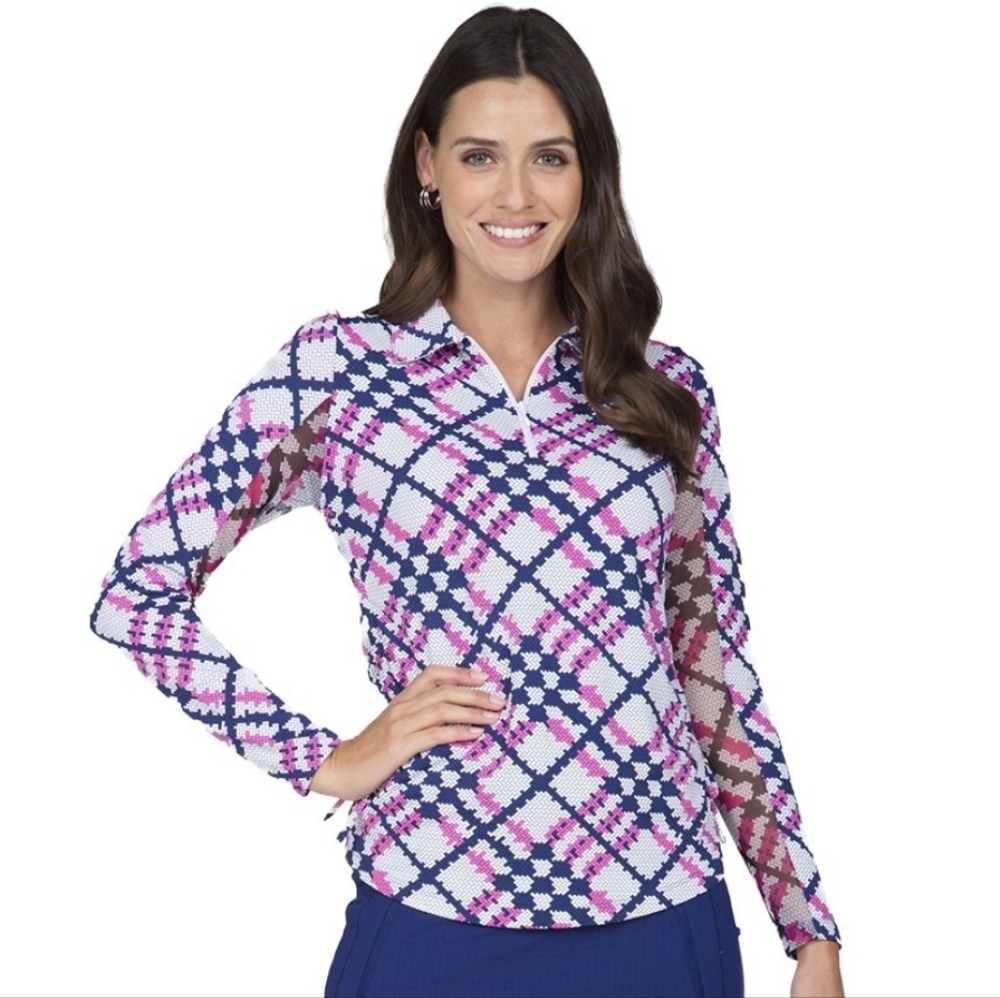 NWT IBKUL long sleeve zip mock neck plaid top
